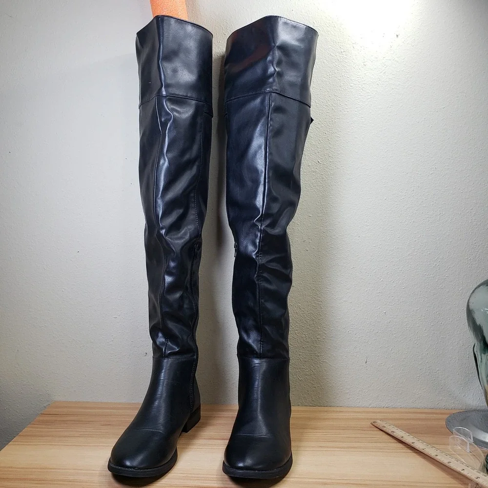 Faux Leather Over The Knee Tall Boots Black Faux Leather Indie Sleeze Size 10